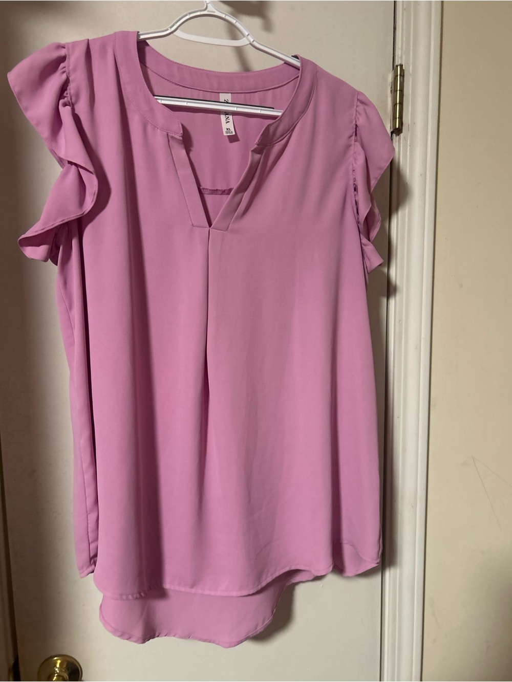Zenana Outfitters Lavender-Pink Ruffle Sleeve Split V Blouse